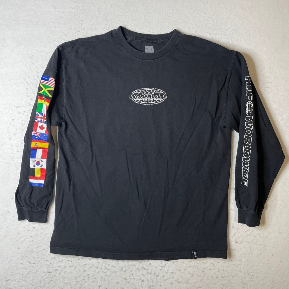HUF Long Sleeve Shirt Mens XL Black Worldwide Graphic Streetwear Skateboard